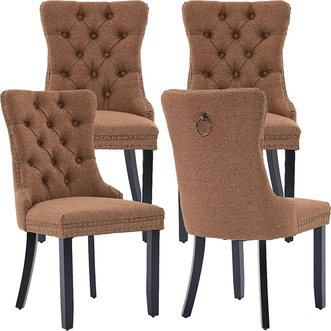 Modern Dining Chairs Set of 4, Tufted Upholstered Dining Chairs with Solid Wood Legs, Brown Linen Fabric Kitchen Chair, Sillas de Comedor, Comfy Kitchen Chair (Brown, Linen, 4Pcs)