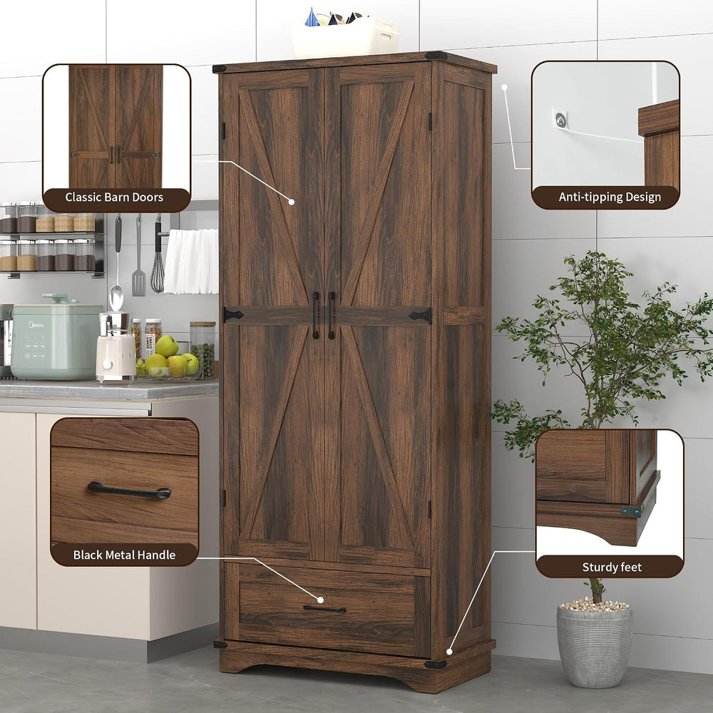 71" Farmhouse Kitchen Pantry Storage Cabinet with Drawer & 2 Barn Do...