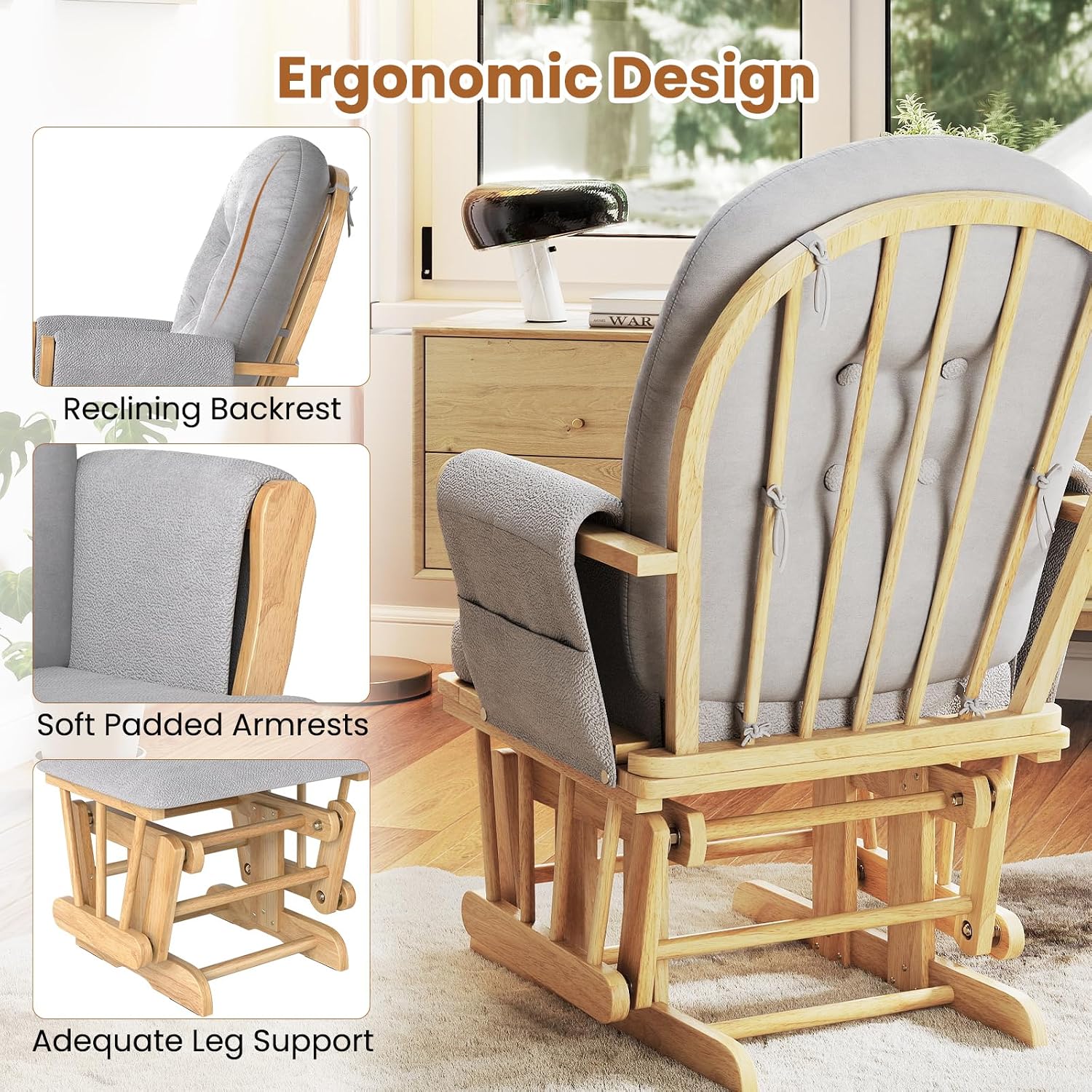 DORTALA Baby Glider Rocker with Ottoman, Multiposition Lockable Glider with Cleanable Upholstered, Smooth Rocking Motion, Nursery Glider & Ottoman Sets for Nursing Baby, Reading (Grey and Natural)
