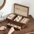 Wooden Jewelry Box for Women, 3 Level Multi-functional Drawers Black Walnut Jewelry Organizer Box, Watch, Necklace, Ring, Earring Storage - Gifts (No Mirror)