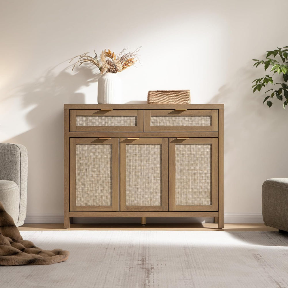 SICOTAS Rattan Sideboard Buffet Cabinet with Storage, Boho Credenza Accent Ca...