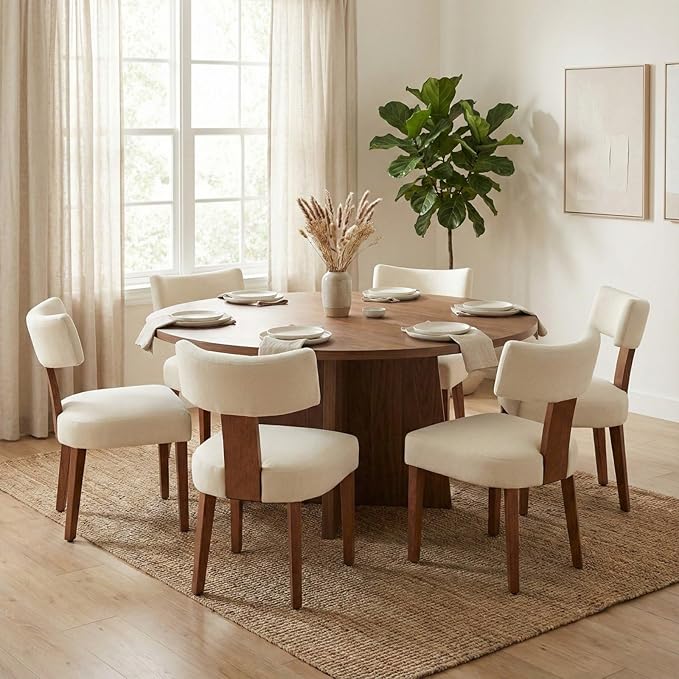 Dining Chairs Set of 6, Upholstered Fabric Kitchen Chairs with Solid Wood Legs, Modern Mid Century Accent Side Chairs for Dining Room Living Room, Ergonomic Comfort White (White, Set of 6)