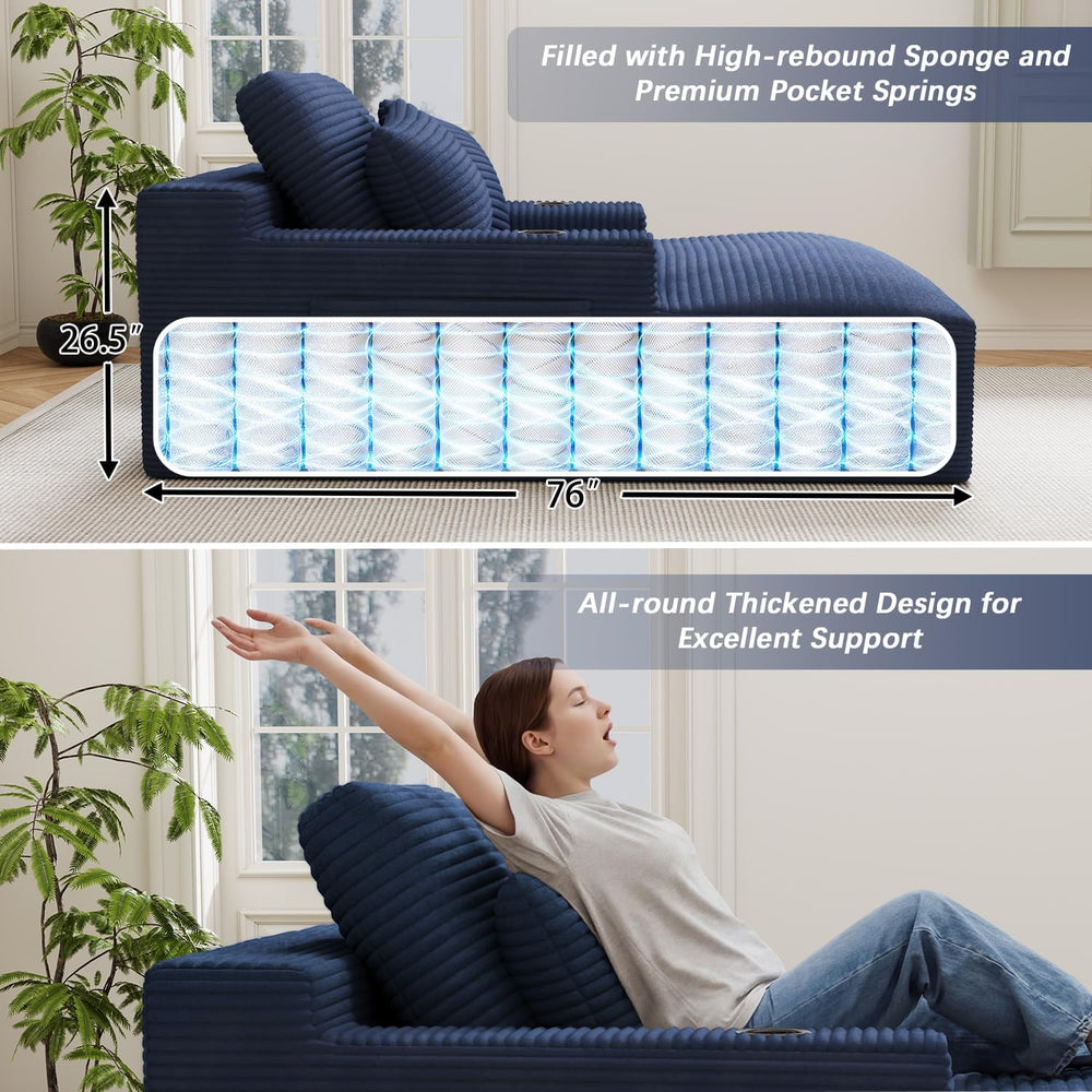 50" x 76" Corduroy Chaise Lounge Sofa Bed with Cup Holders, Blue | ...