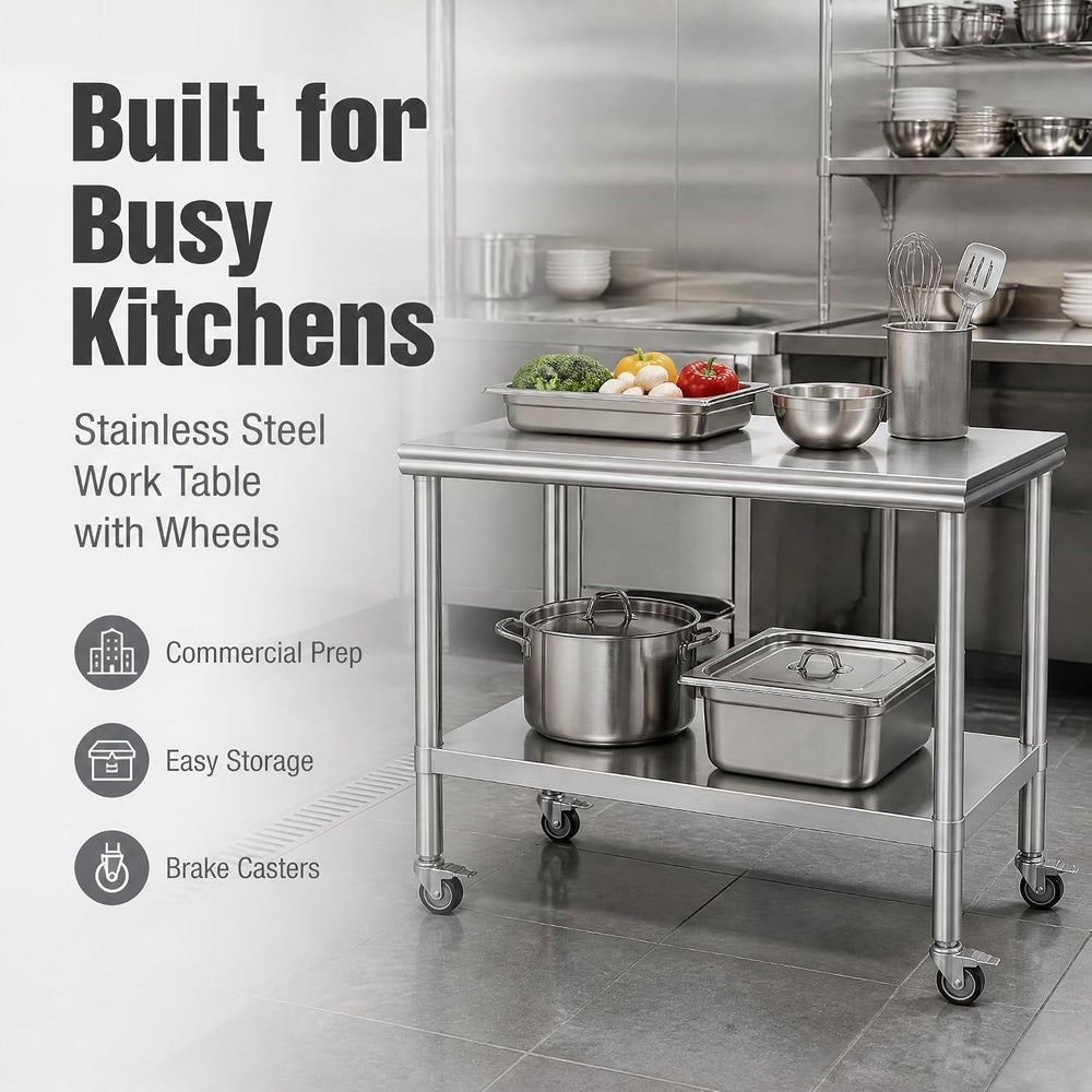 24x48 Stainless Steel Prep Table with Wheels, 1000 lbs, Kitchen, BBQ | Thicke...