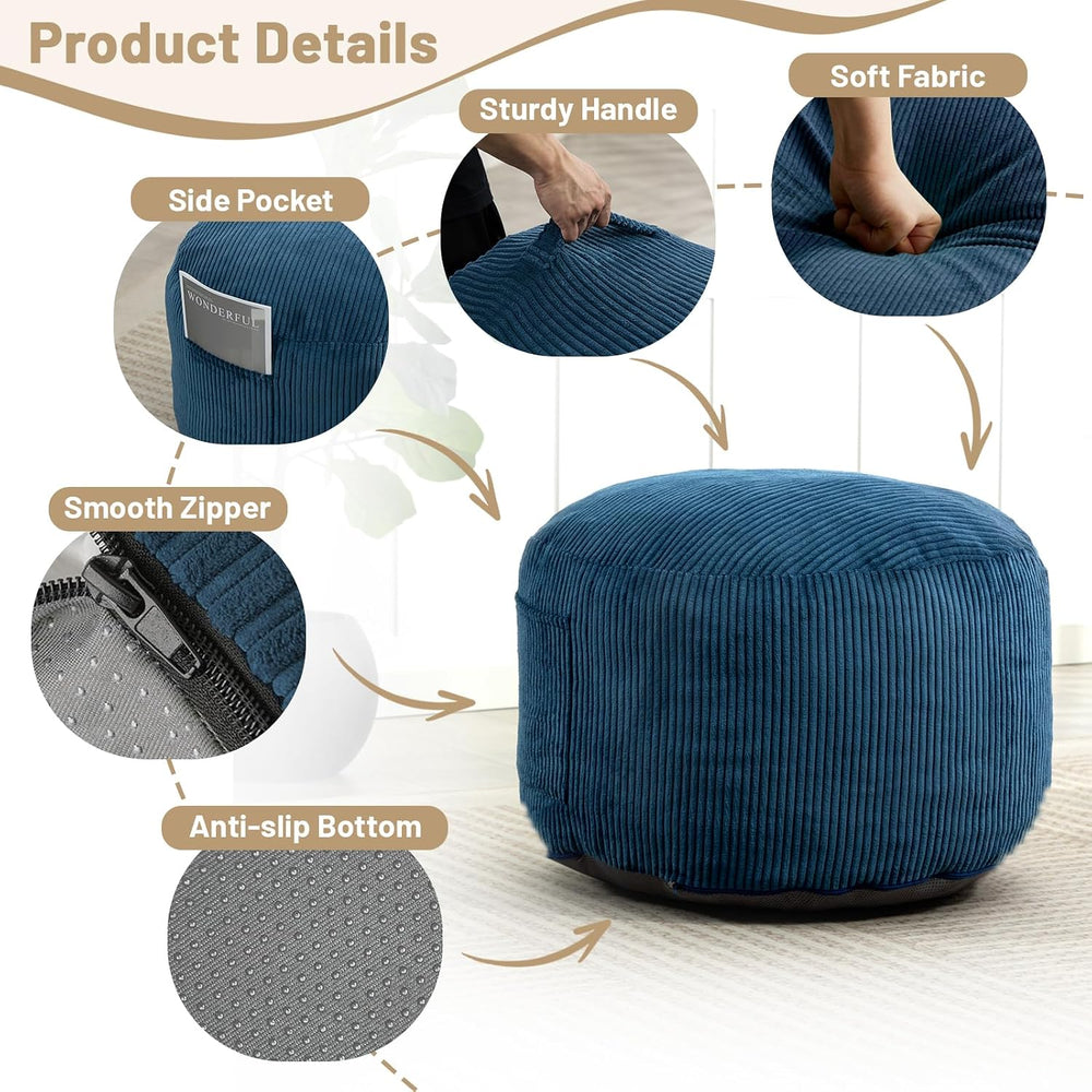 Round Stuffed Pouf Ottoman (Blue, 20" D x 20" W x 15" H) | Cor...