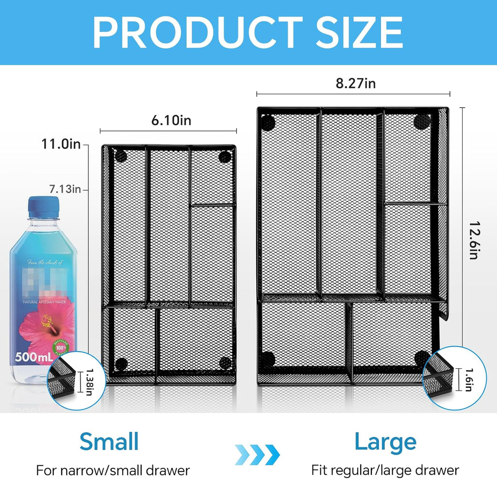 Desk Drawer Organizer, Office Drawer Divider Organizer Tray with 6 Compartments, Metal Mesh Desktop Organization and Accessories for Stationery Makeup Kitchen Toolroom School ＆ Office, 11x6.1x1.38 in