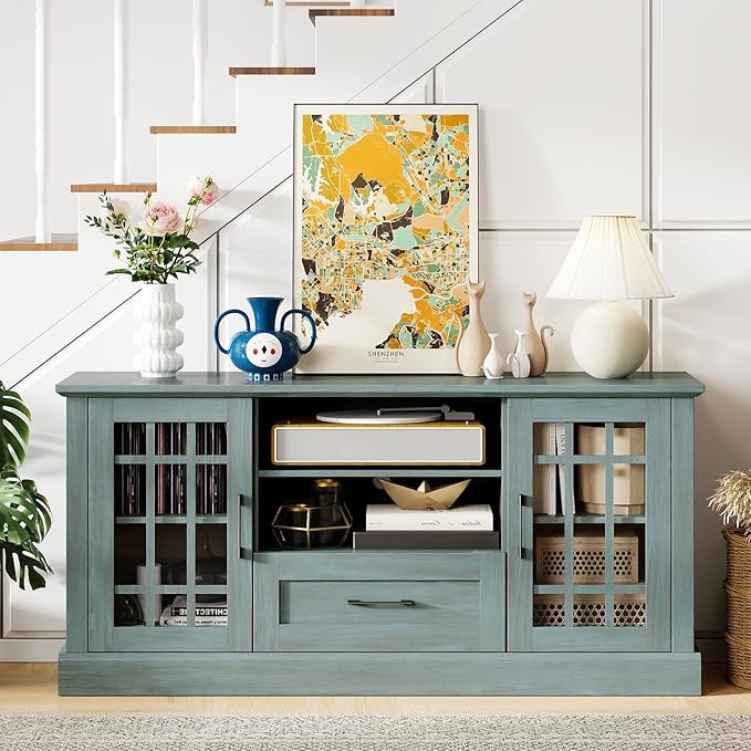 GOFLAME Farmhouse TV Stand for TVs up to 70", Entertainment Media Center Storage Cabinet with Glass Doors, Open Shelves & Drawer, Wooden Television Console Table for Living Room (Teal Blue)