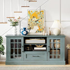 GOFLAME Farmhouse TV Stand for TVs up to 70", Entertainment Media Center Storage Cabinet with Glass Doors, Open Shelves & Drawer, Wooden Television Console Table for Living Room (Teal Blue)