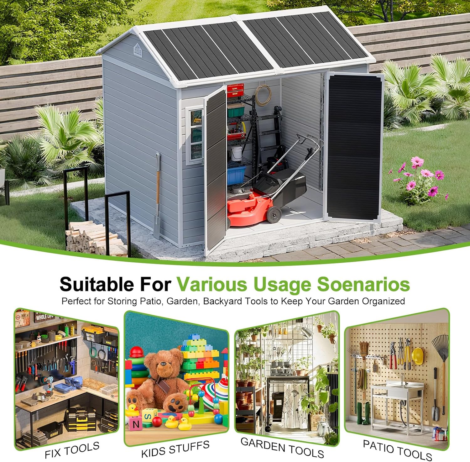 8x6 Shed, Heavy-Duty Outdoor Storage Shed with Floor, Waterproof Plastic Resin Garden Shed for Backyard, Tool Storage with Lockable Double Doors Awning Windows