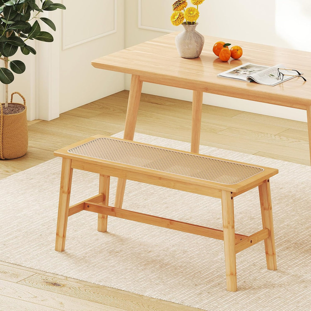 GOFLAME 39.5” Bamboo Dining Bench with Rattan Seat, Farmhouse End of Bed Benc...
