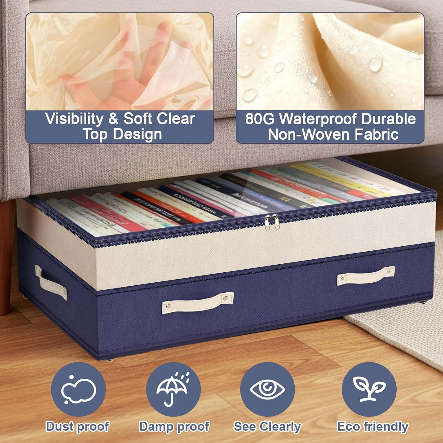 Dolicer 2 Pack Under Bed Storage with Wheels, 6in-10in Height Adjustable Underbed Storage Containers, 92L XXXL Under Bed Drawers Rolling Bin with Clear Lids for Dorm Shoes Clothes Organizers(Blue)