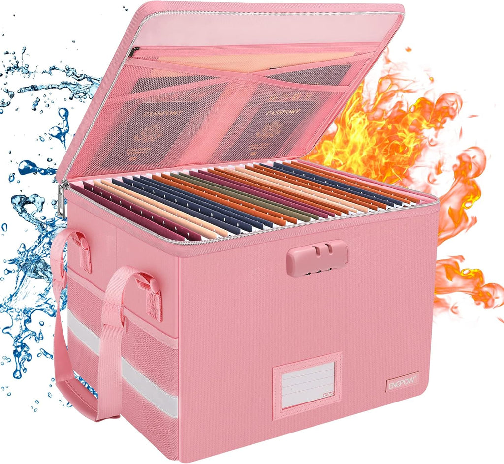 ENGPOW File Box with Lock, Fireproof Document Box with Zipper＆Pockets, Collapsible File Organizer Filing Storage Cabinet with Handle, Portable Home Office Safe for Hanging Letter/Legal Folder, Pink