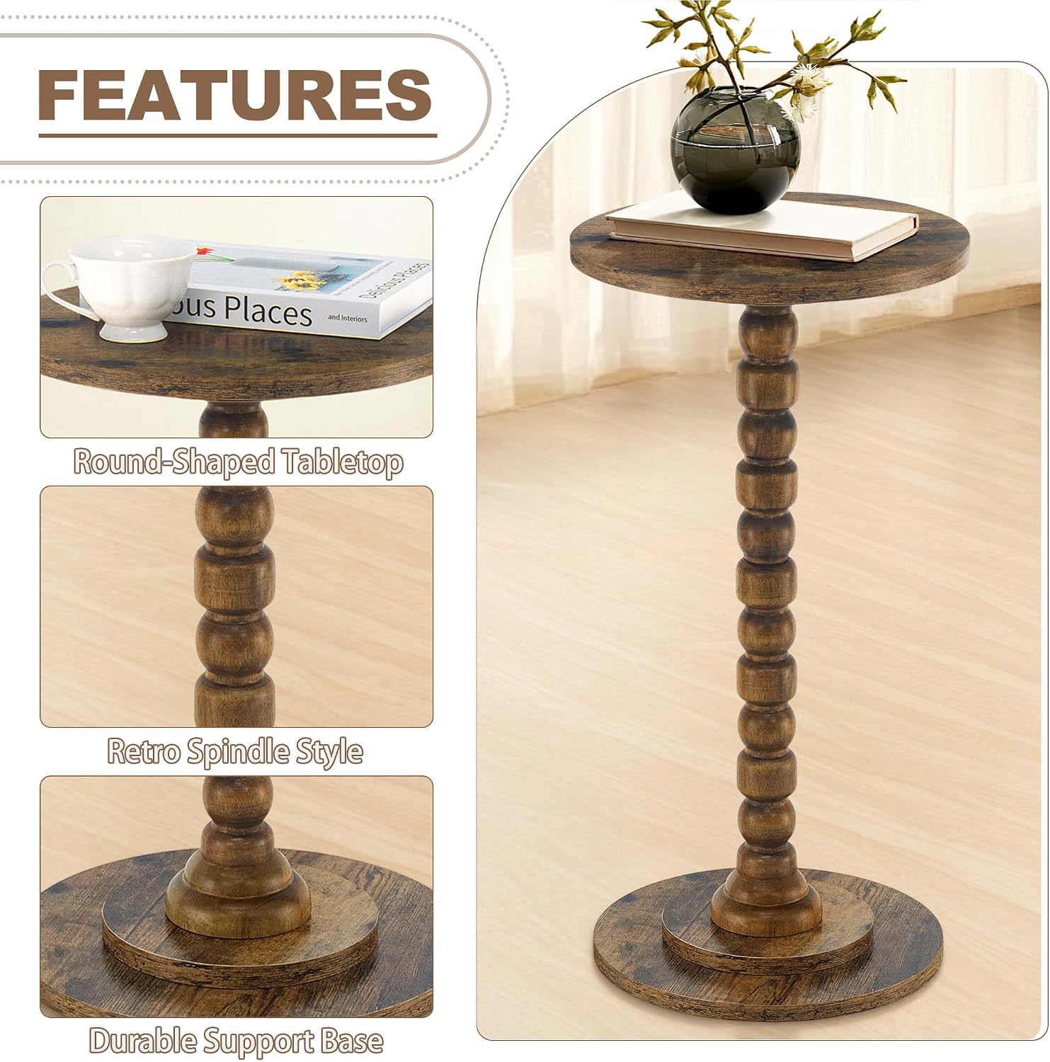 Round Side Table, Small End/Drink Table for Small Spaces, Modern Accent Tables with Solid Wood Leg for Bedroom, Living Room, Corners and Office (Rustic Brown)