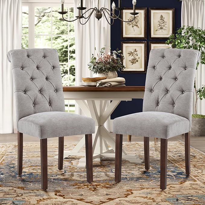 Tufted Dining Chairs Set of 2, Upholstered Parsons Dining Room Chairs, Fabric Kitchen Side Chair with Wood Legs, Light Grey