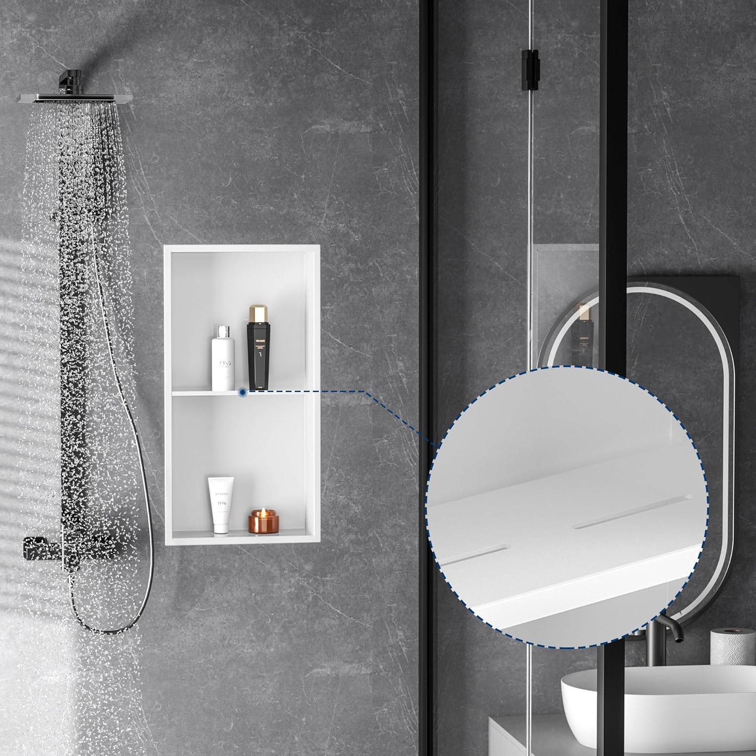 Stainless Steel Shower Niche 24" X 12", No Tile Needed Wall Niche Double Shelves, Recessed Shower Shlef for Bathroom Storage, Matte White