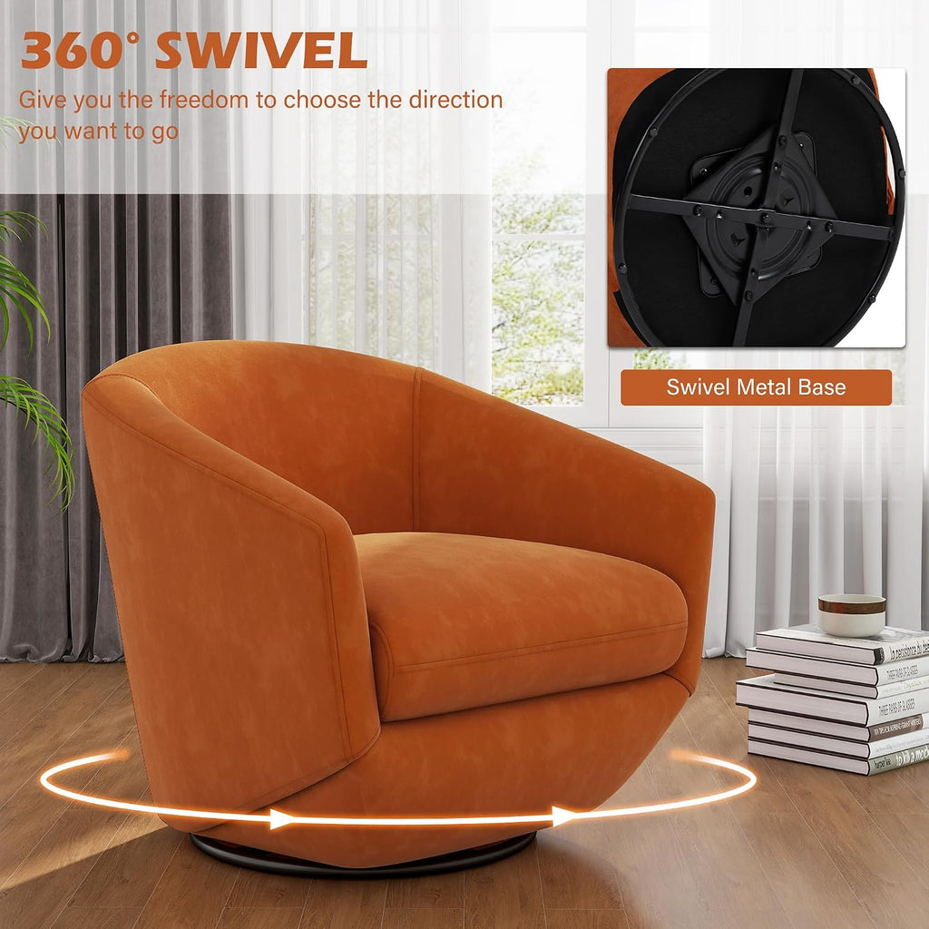 360° Swivel Barrel Accent Chair, Velvet Upholstered Club Armchair for Living Room, Modern Round Arm Chair Single Sofa Bedroom Reading Seating (Orange)