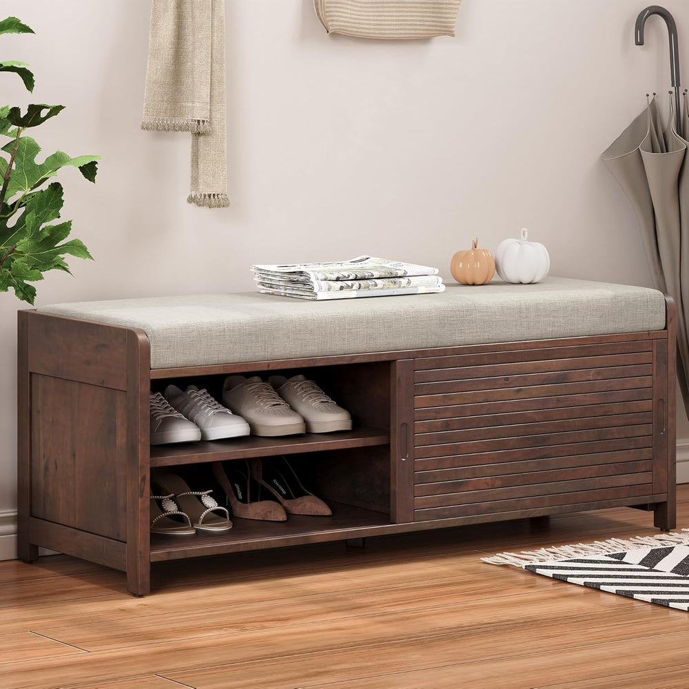 LUMISOL Shoe Bench with Storage and Cushion, Farmhouse Distressed Shutter Sto...
