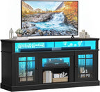 YITAHOME Black TV Stand for 75 Inch TV, LED Modern Entertainment Center with Adjustable Shelves and Glass Doors, 32'' Tall Television Stands TV Media Console Table for Living Room, Black