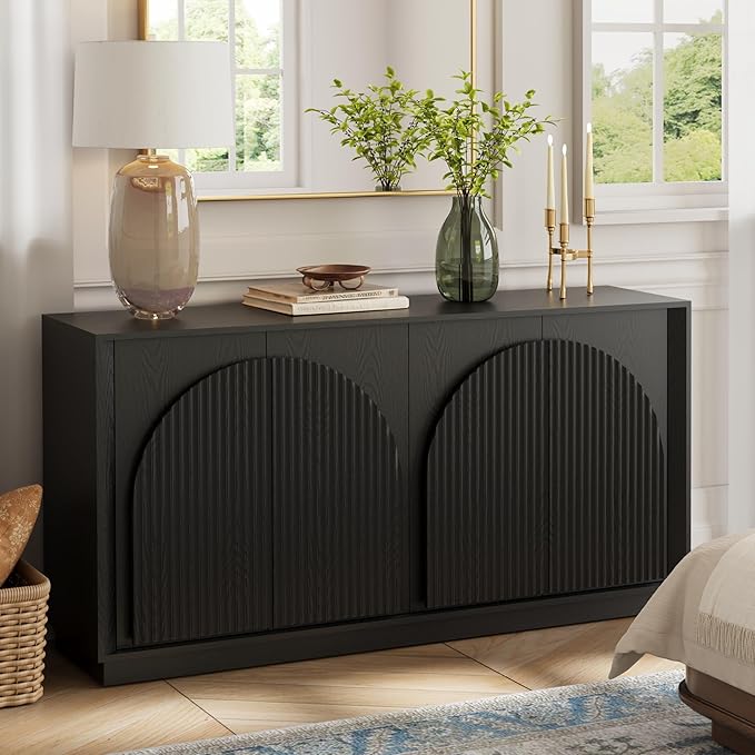 WIN2WIN 65" Fluted Sideboard Buffet Cabinet with Storage, Modern Credenza with Double-Layered Arch Doors, Wood TV Media Console Table Accent Cabinet for Living Room Dining Room Hallway Entryway, Black