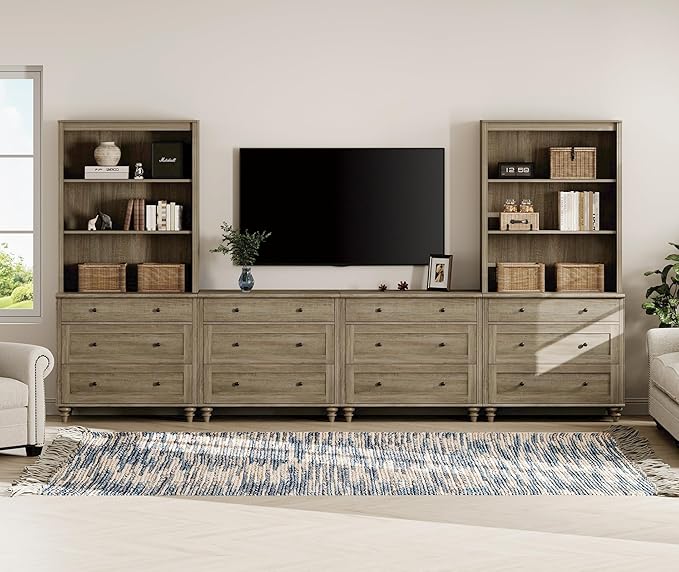 WAMPAT Entertainment Center with Bookshelves for TVs up to 75", Farmhous...