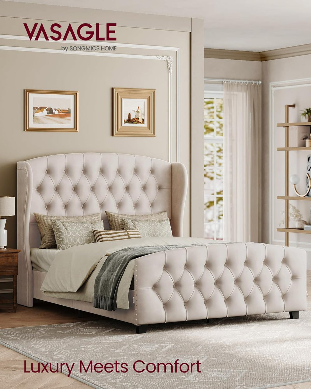 VASAGLE Queen Platform Bed Frame, Upholstered, Wooden Slats