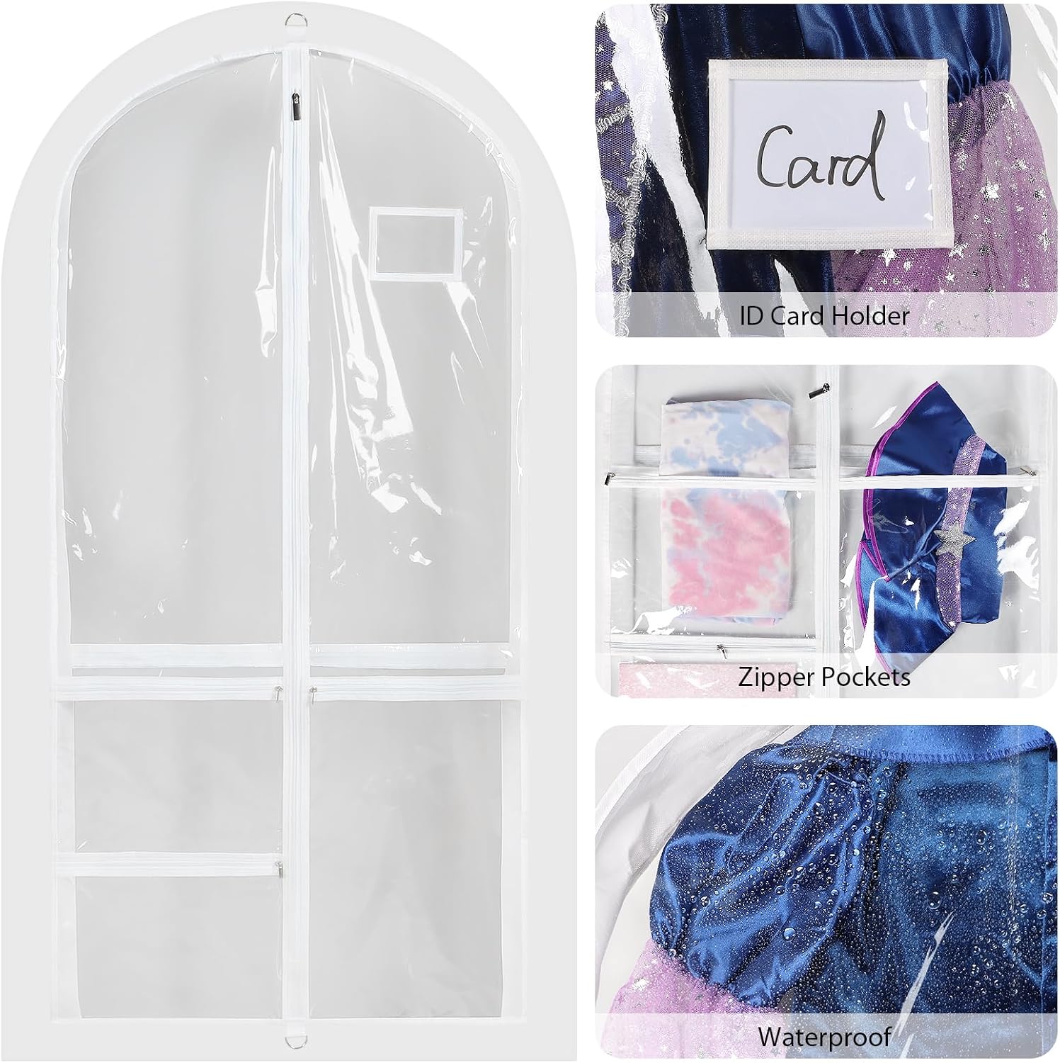 Univivi 50 Inch Dance Costume Garment Bags for Dancers, White, 2 Pack | Breathable Fabric, PVC Window, 3 Separated Clear and 1 Back Zipper Pocket, Foldable Dance Garment Bags for Dancers, Dresses