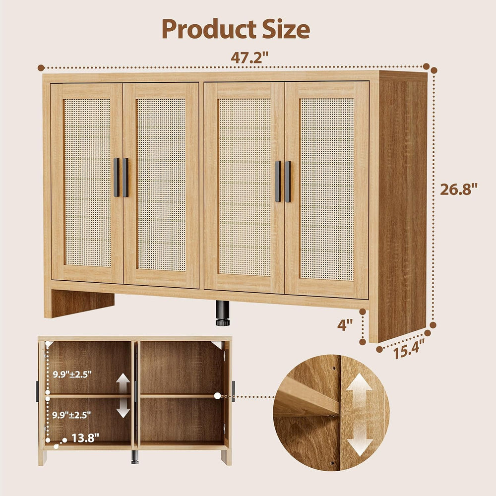 Rattan Buffet Cabinet with Storage, Sideboard Cabinet with Doors and Adjustab...