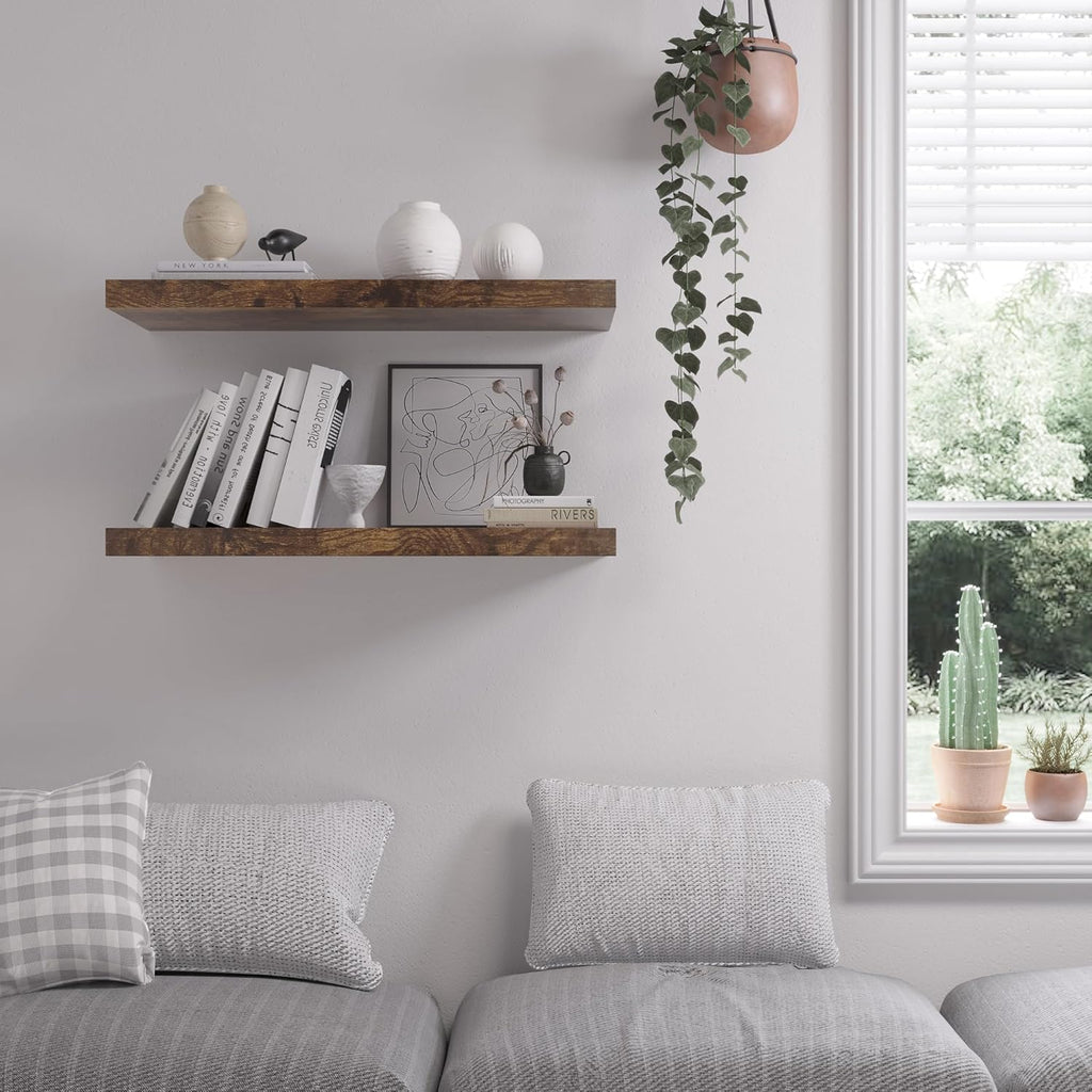 Floating Shelf, Set of 3 Wall Shelf, 24 in W x 12.75 in D x 2 in H Wooden Floating Wall Shelf with Invisible Brackets for Living Room/Bedroom/Bathroom/Kitchen Storage and Decor, Rustic Brown