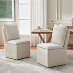 VKNOW Upholstered Dining Chairs, Modern Rolling Chairs with Storage and Wheels, Linen Armless Chair with Cushion and Backrest, Dining Room Chairs for Living Room Kitchen Bedroom, Beige