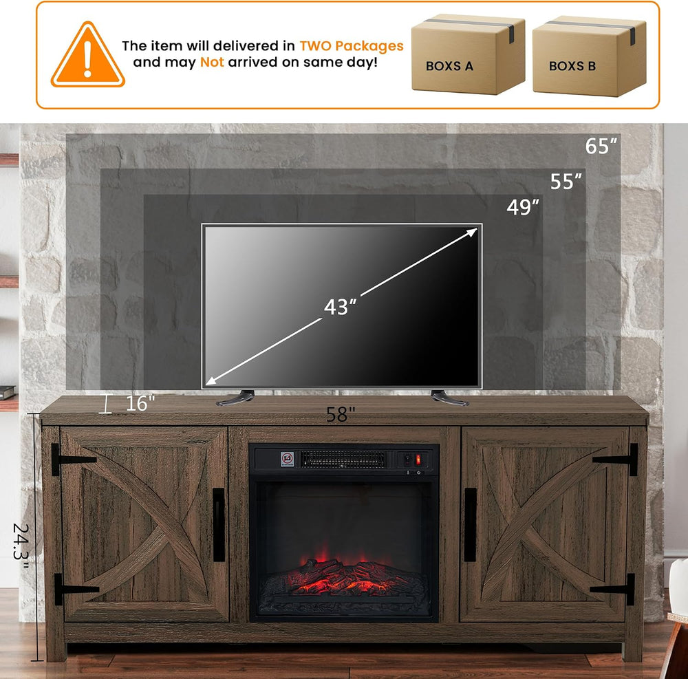 58 Inch Fireplace TV Stand for TV up to 65" | Farmhouse TV Stand with 18...