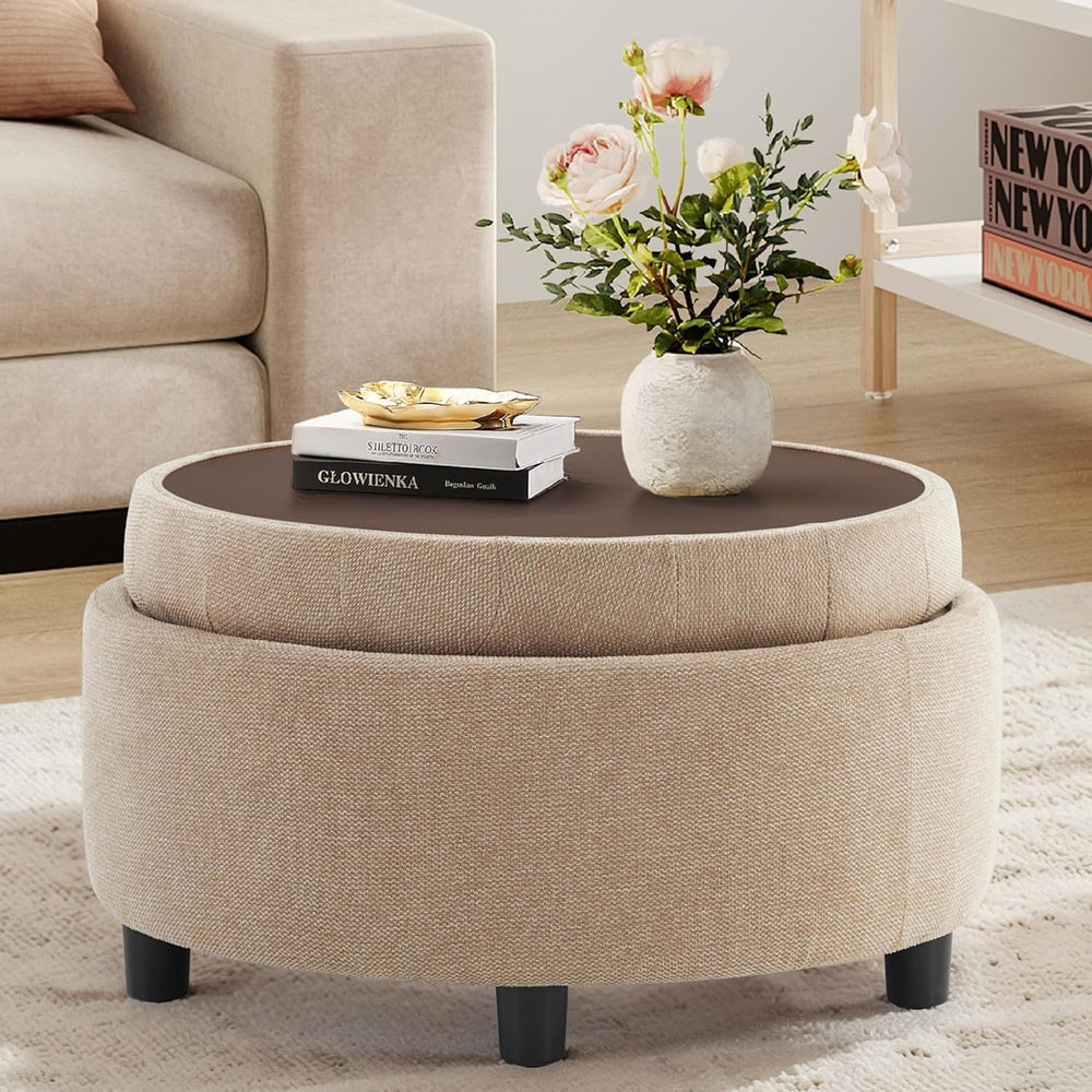 COLAMY Fabric Round Storage Ottoman with Reversible Tray Lid – Multi-Function...