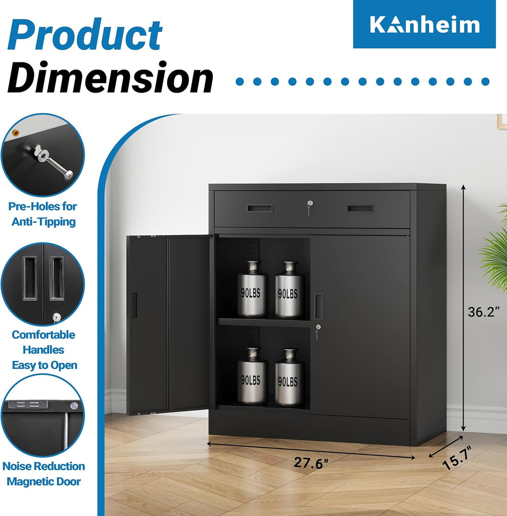 Metal Storage Cabinet, 36" Locking Steel Cabinet with 1 Drawers and 1 Ad...