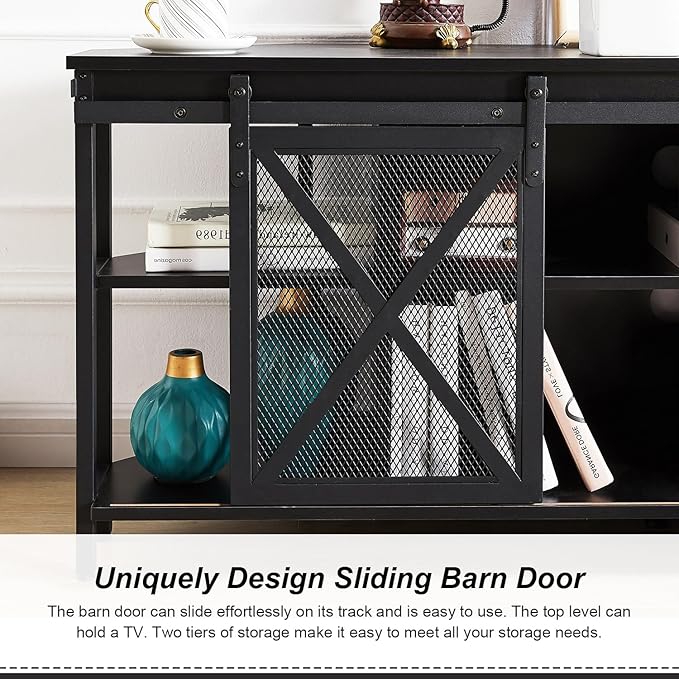 HOMISSUE Corner TV Stand for 55 Inch TV, Rustic Corner Entertainment Center with Storage, Industrial Media Console Table with Sliding Barn Door, Entertainment Center for Living Room, Black