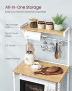 VASAGLE BARNET Collection - Kitchen Bakers Rack with Power Outlet, 23.6-Inch Wide Coffee Bar 4-Tier with 8 S Hooks, Modern Microwave Stand, Adjustable Shelf, Golden Oak and Cloud White UKKS014Y01V1