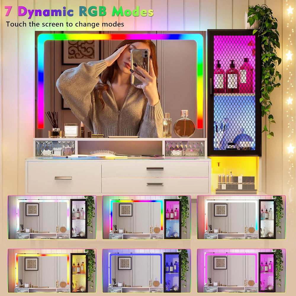 Lvifur RGB Vanity Desk - with Mirror and Lights,7 Dynamic & 24 Static Dim...