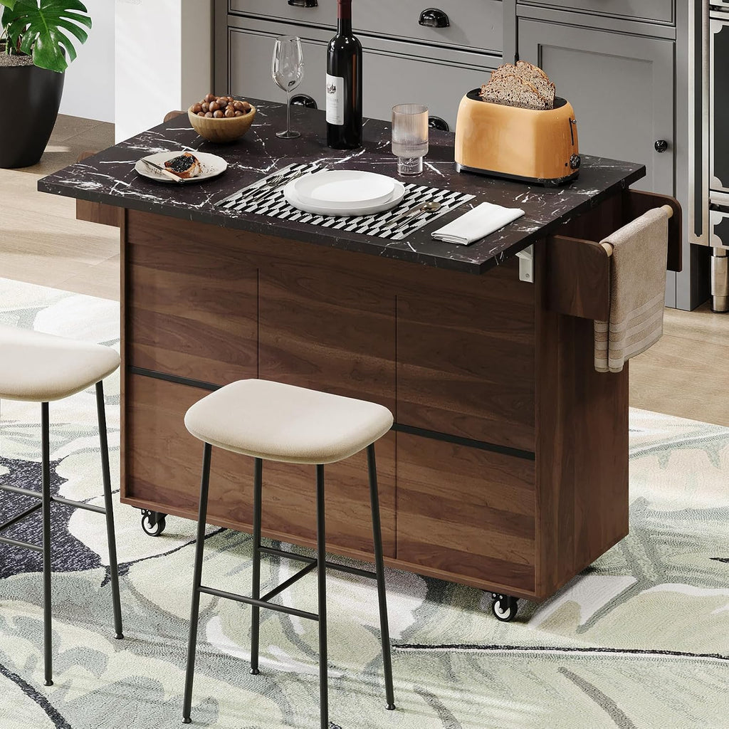 Kitchen Island with Trash Can Storage, Rolling Kitchen Cart on Wheels with Drop Leaf, Drawers, Adjustable Shelf and Tilt Out Trash Can Cabinet for 15 Gallon Garbage Bin, Brown