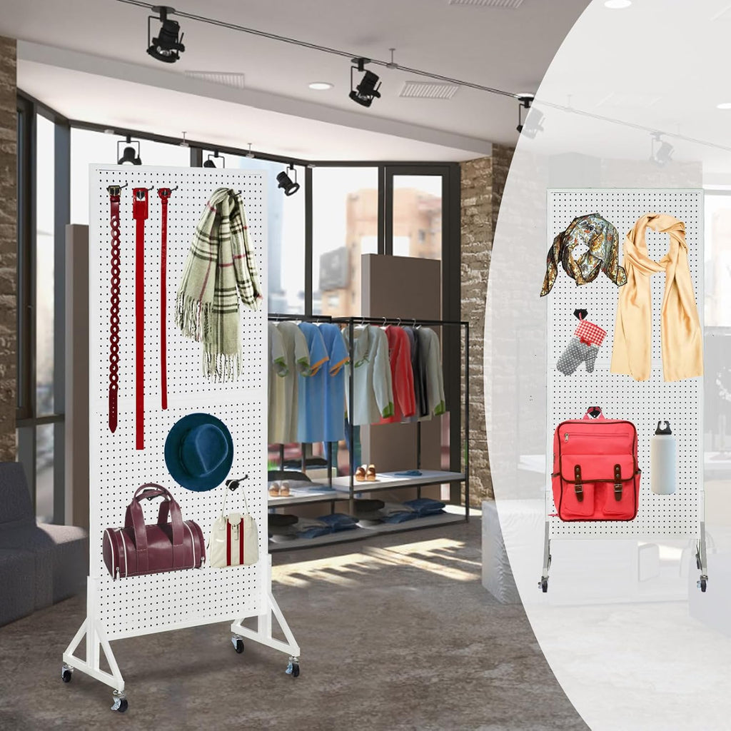 Eastern Tree 2.5'x 6' Metal Pegboard Display Stand with T-Base, Peg Board Panels Display with Casters, Standing Pegboard Display, Retail Display Stand, Extra 10 Pieces Hooks, White