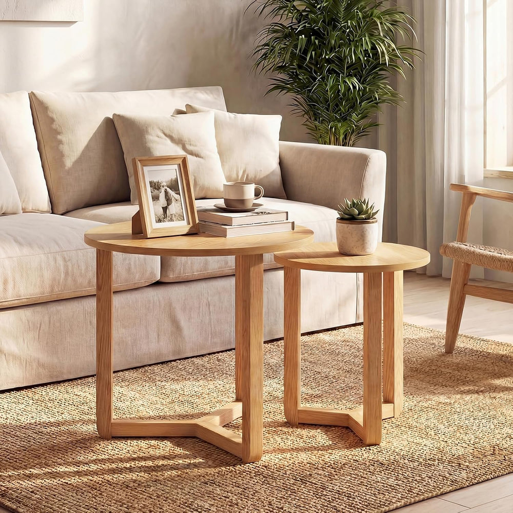 Giantex Round Nesting Coffee Table Set of 2, Wood Nesting End Tables with Thi...