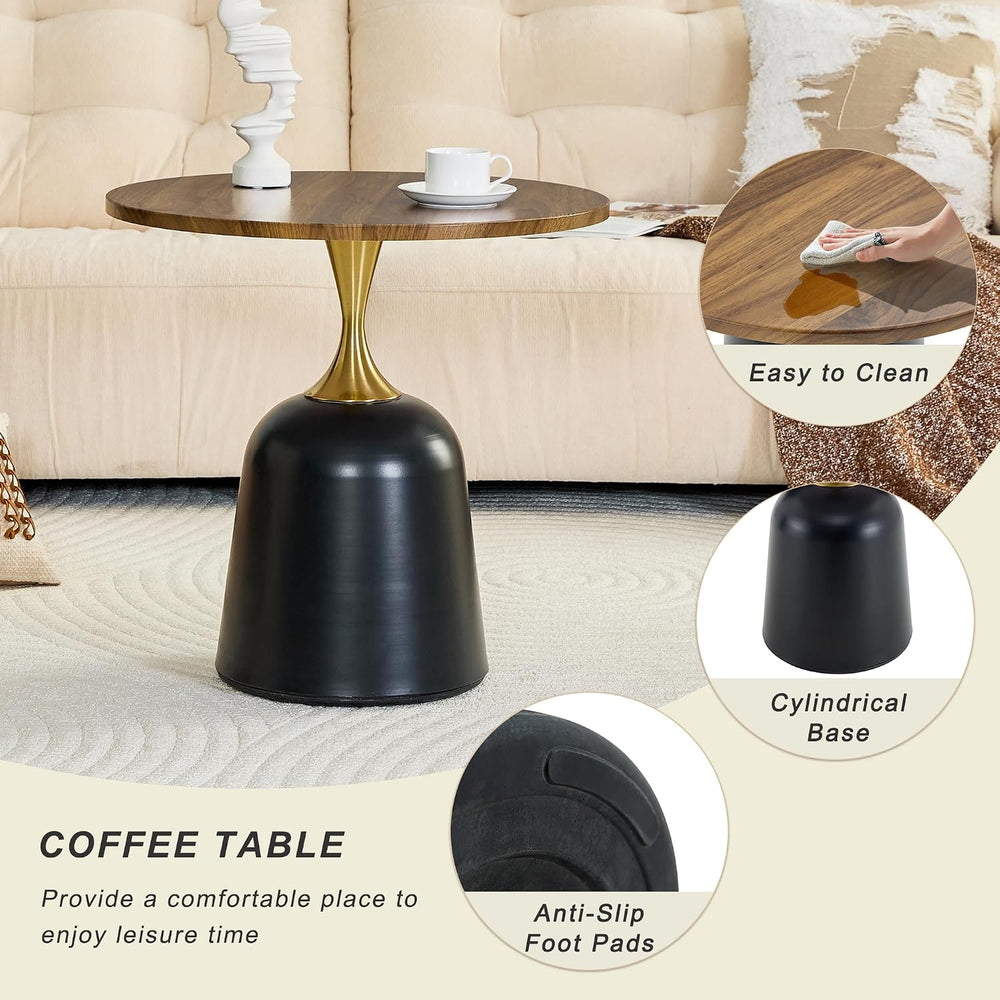 Round Side Table with Walnut Wood Grain Top, Black Metal Base with Gold Accen...