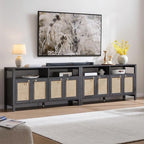 SICOTAS Rattan TV Stand for Television up to 120 Inch - Large Entertainment Center with Storage and Open Shelves, Boho Media TV Console Cabinet with Doors and Adjustable Shelf for Living Room