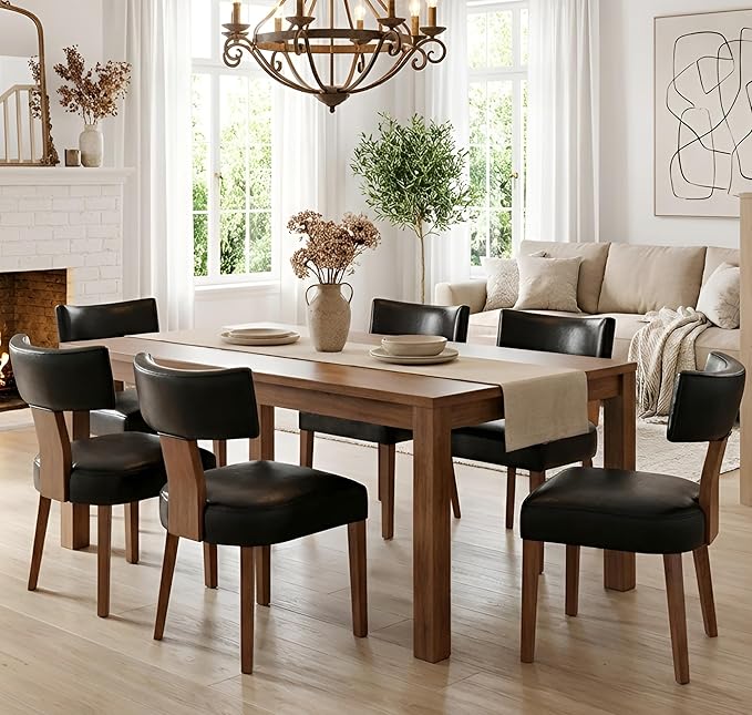 Black Leather Dining Chairs Set of 6, Upholstered Wooden Dining Room Chairs, ...