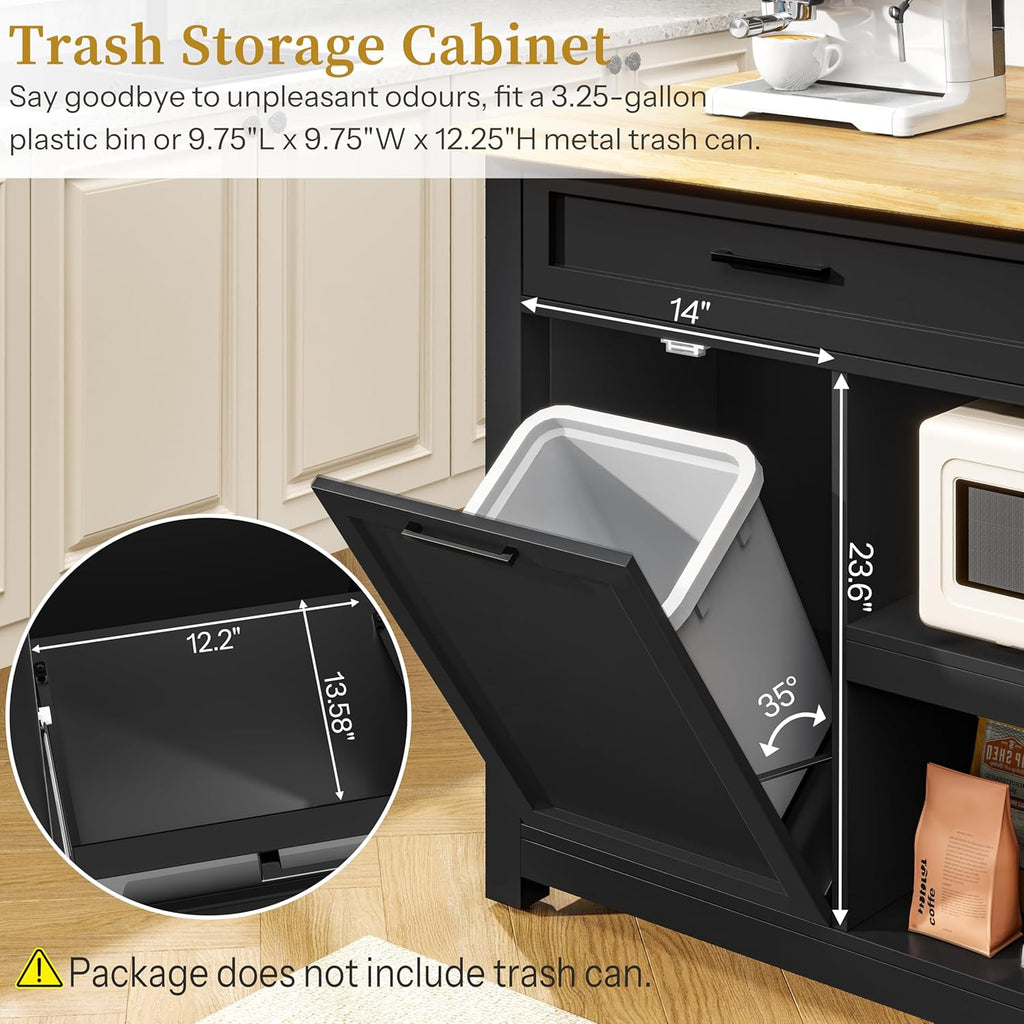 DynJest Kitchen Island with Storage and Seating Include 2 Bar Stools, Black | 47" Solid Rubberwood Island Table with Trash Can Storage, Power Outlets, 2 Drawers & Open Shelves Cabinet, Dining Table for 2