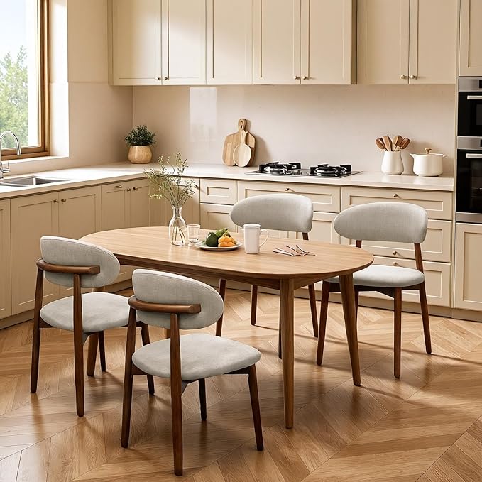 Farmhouse Dining Chairs Set of 6, Mid Century Modern Wooden Dining Room Chairs, Farmhouse Fabric Upholstered Kitchen Dinner Chairs for Living Room Restaurant Cafe, Walnut/Warm Grey