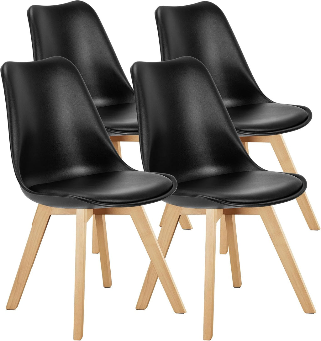 OLIXIS Dining Chairs Set of 4, PU Leather Upholstered Kitchen Chairs with Solid Wood Legs, Mid Century Modern Accent Chair for Living Room, Bedroom, Patio, Black