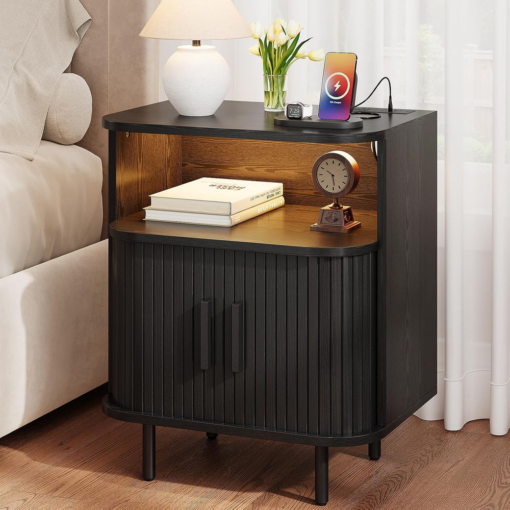ONBRILL Fluted Nightstand with Drawers, Modern End Table with Charging Statio...