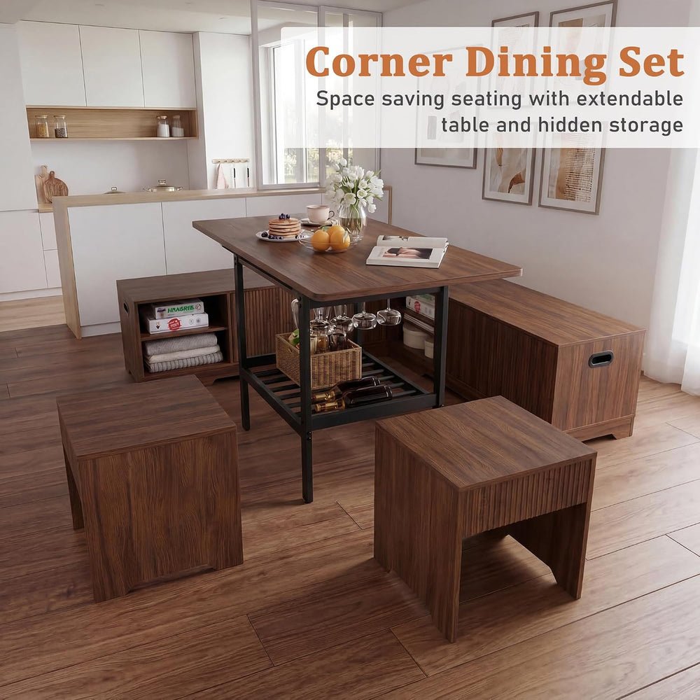 Extendable Breakfast Nook Table Set with Storage Benches & Stools, 6-Piec...