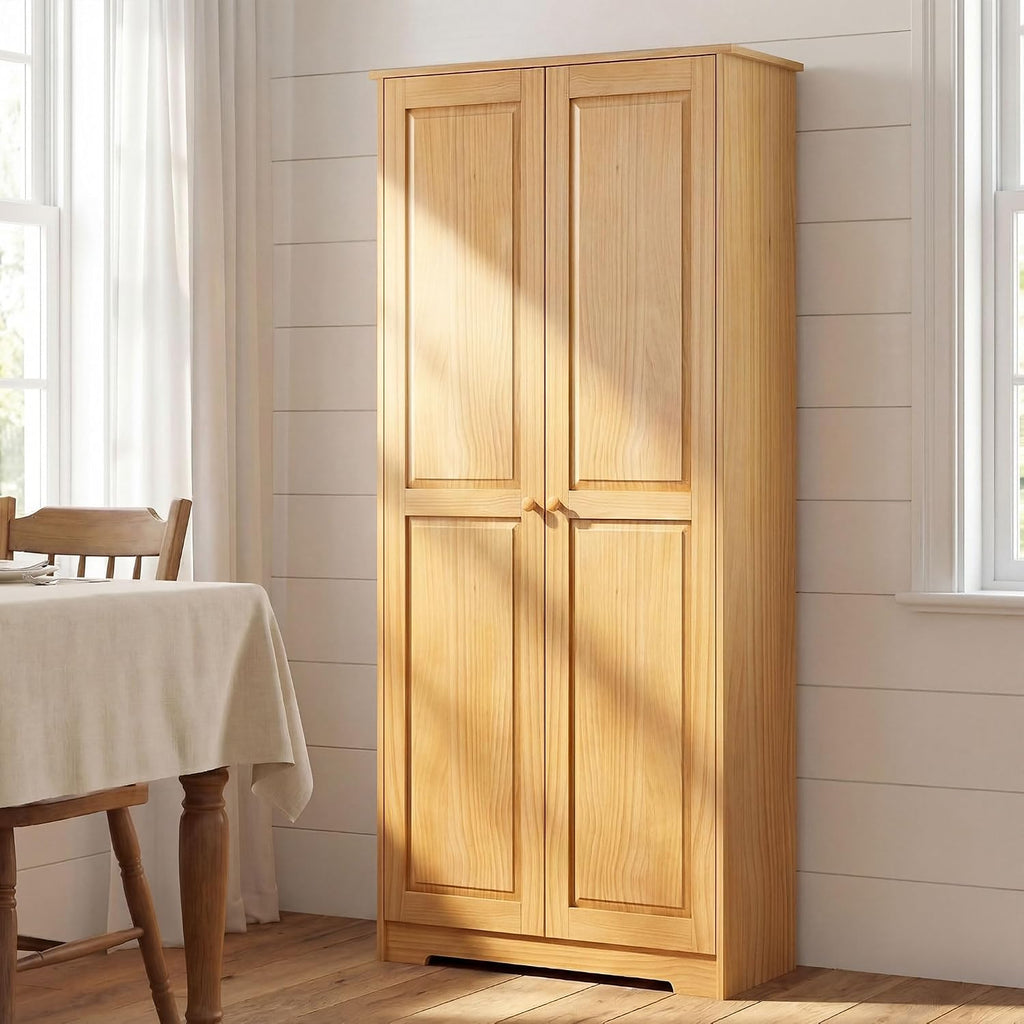 HOMCOM 67" Pinewood Kitchen Pantry Storage Cabinet Freestanding Brown | Adjustable Shelves, Solid Wood Food Pantry, Soft-Close Doors, Living Room Dining Room