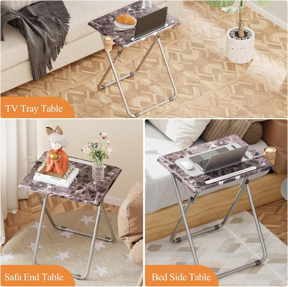 Folding TV Tray Table with Cup Holder, TV Dinner Table with Sturdy MDF Top, E...