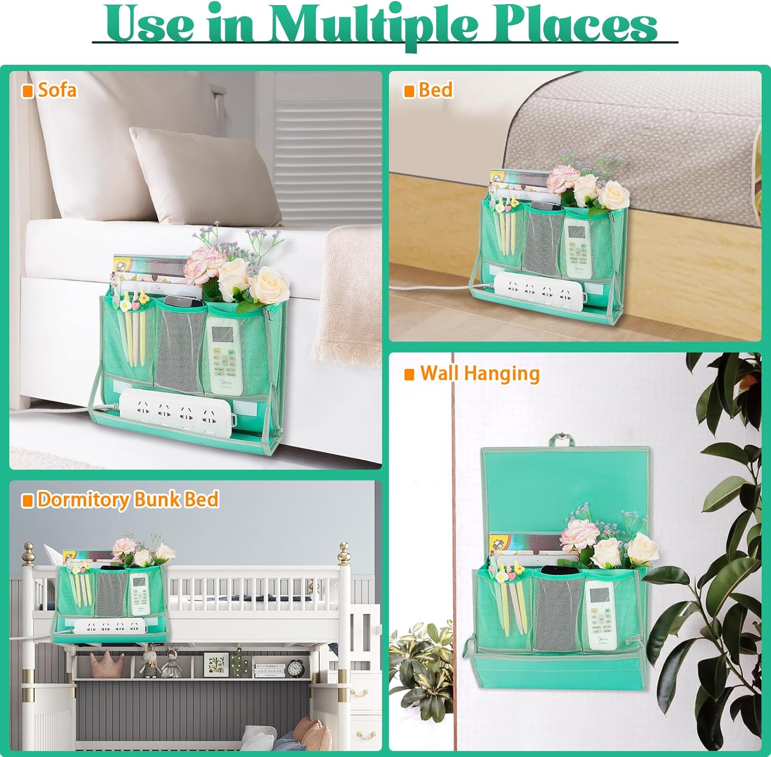 Bedside Caddy Bedside Storage Organizer Bedside Organizer with Power Strip Holder and 2 Adjustable Straps for Home Bunk Bed College Dorm Sofa (Green)