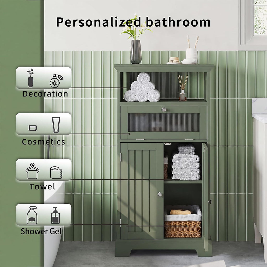 ChooChoo Bathroom Cabinet with Flip Glass Drawer,Freestanding | Adjustable Shelf & 1 Open Storage, Living Room, Hallway, Green